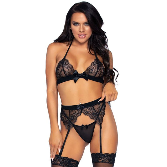 LEG AVENUE - CONJUNTO DE TRÊS PEÇAS TOP, CINTA-LIGA E TANGA S