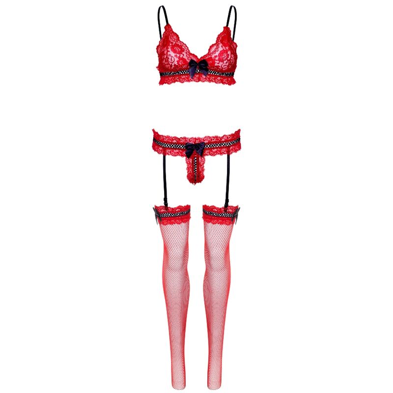 LEG AVENUE - CONJUNTO DE TRÊS PEÇAS DE RENDA TAMANHO ÚNICO - VERMELHO