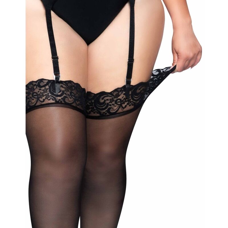 LEG AVENUE - OUTLET - BLACK NYLON TIGHTS WITH LACE TOP PLUS