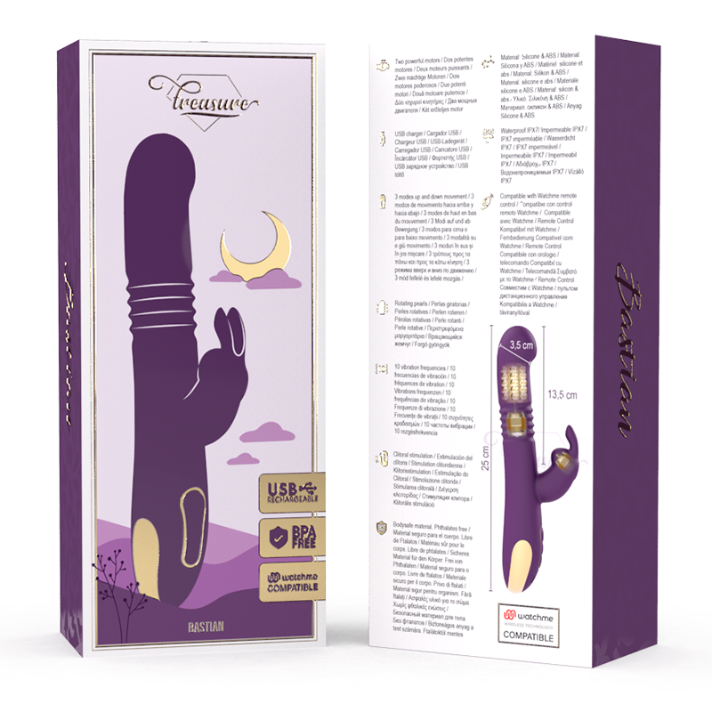 TREASURE - BASTIAN RABBIT PARA CIMA E PARA BAIXO, ROTATOR E VIBRADOR COMPATÍVEL COM TECNOLOGIA WIRELESS WATCHME