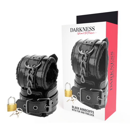 DARKNESS - ADJUSTABLE BLACK LEATHER HANDCUFFS WITH PADLOCK