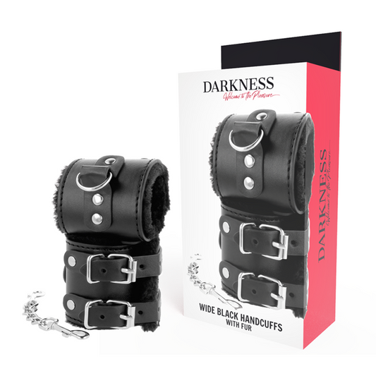 DARKNESS - ADJUSTABLE BLACK LEATHER LINED HANDCUFFS