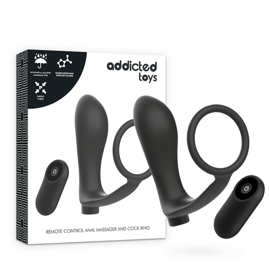 ADDICTED TOYS - ANEL DE PÊNIS RECARREGÁVEL COM CONTROLE REMOTO PRETO COM PLUG ANAL