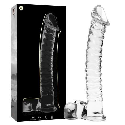 NEBULA SERIES BY IBIZA - MODEL 23 TRANSPARENT BOROSILICATE GLASS DILDO 21.5 CM -OR- 4 CM