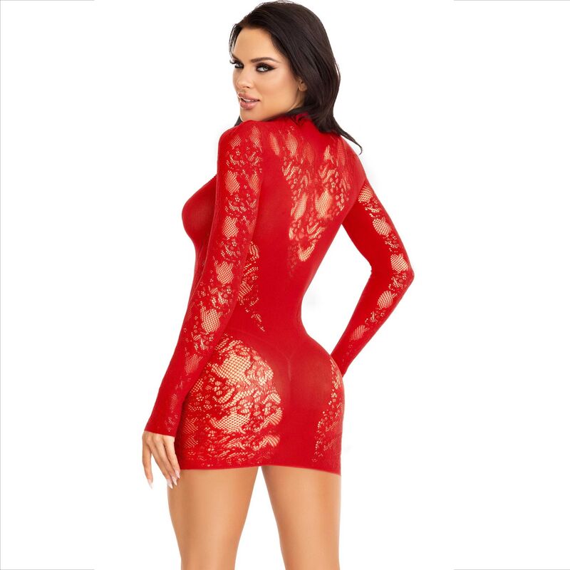 LEG AVENUE - MINI VESTIDO DE RENDA VERMELHO COM MANGAS COMPRIDAS