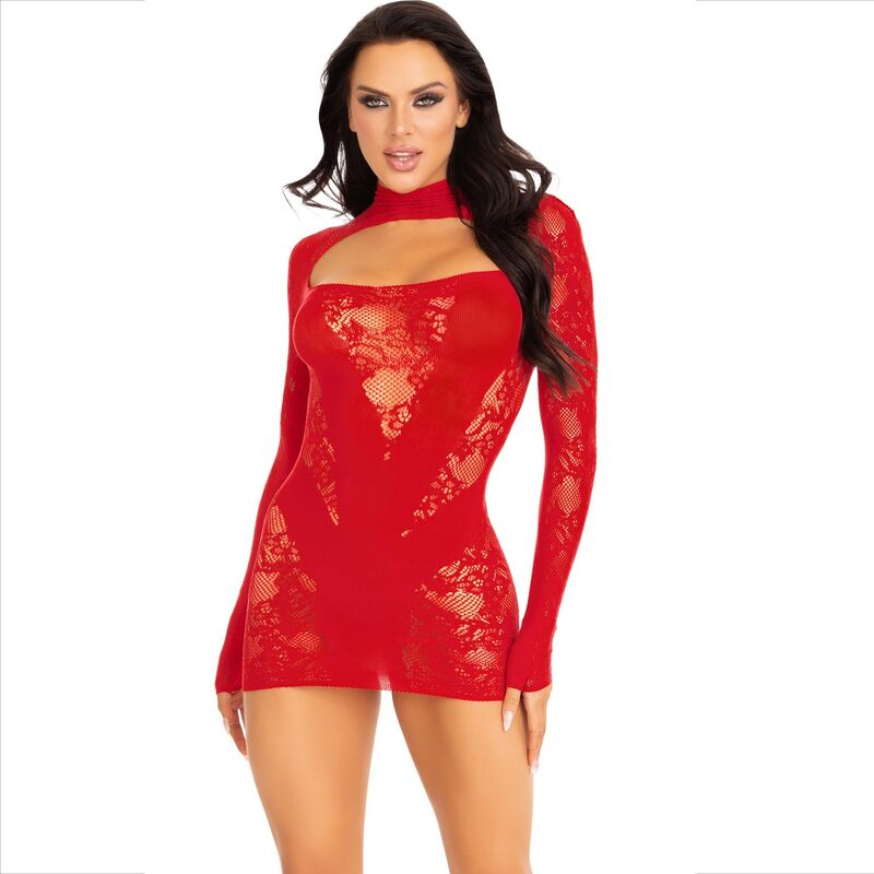 LEG AVENUE - MINI VESTIDO DE RENDA VERMELHO COM MANGAS COMPRIDAS