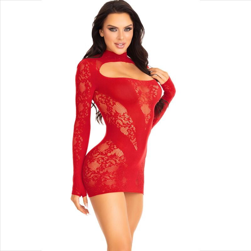 LEG AVENUE - MINI VESTIDO DE RENDA VERMELHO COM MANGAS COMPRIDAS