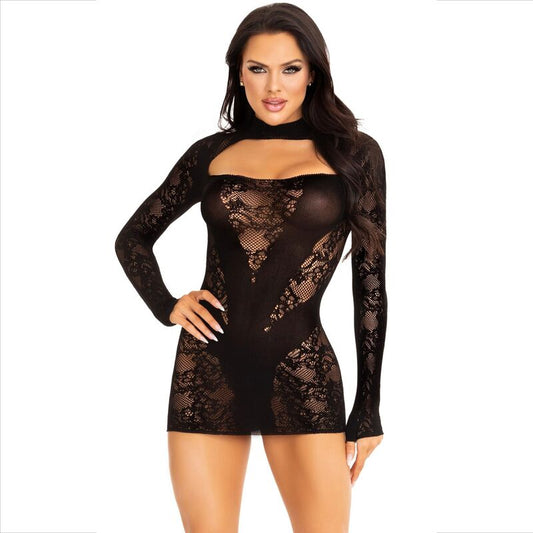 LEG AVENUE - LONG SLEEVE LACE MINI DRESS BLACK