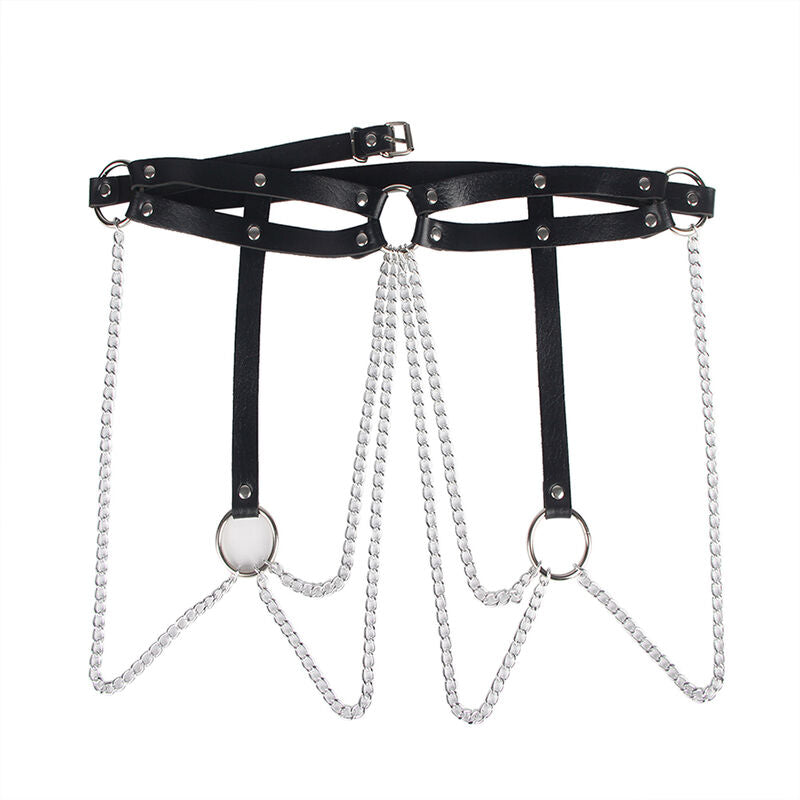 SUBBLIME - BLACK LEATHER CHAIN ​​BELT WITH RINGS ONE SIZE