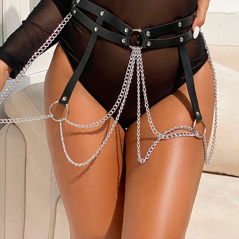 SUBBLIME - BLACK LEATHER CHAIN ​​BELT WITH RINGS ONE SIZE