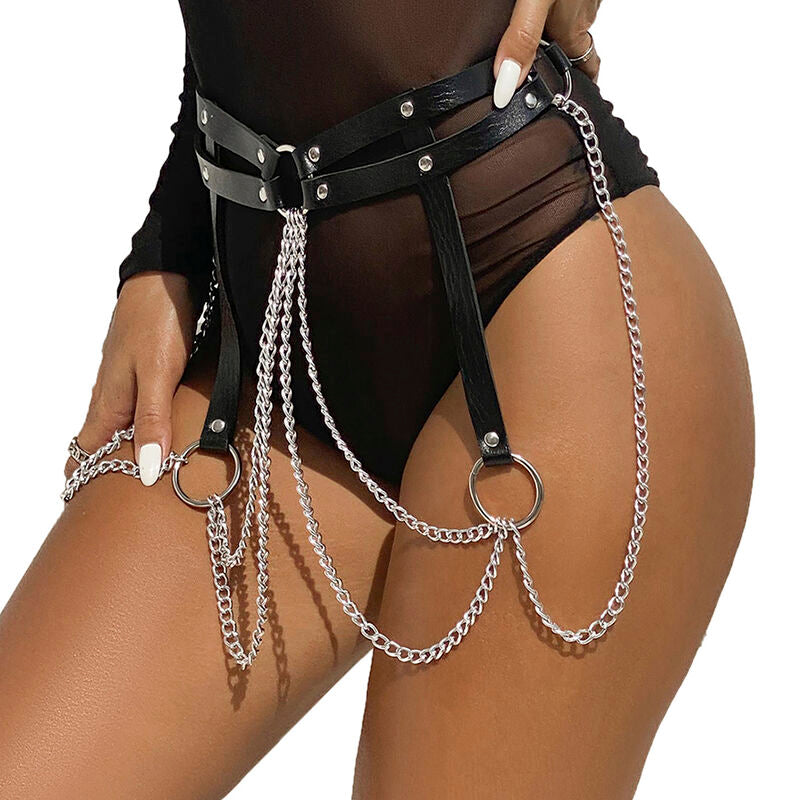 SUBBLIME - BLACK LEATHER CHAIN ​​BELT WITH RINGS ONE SIZE