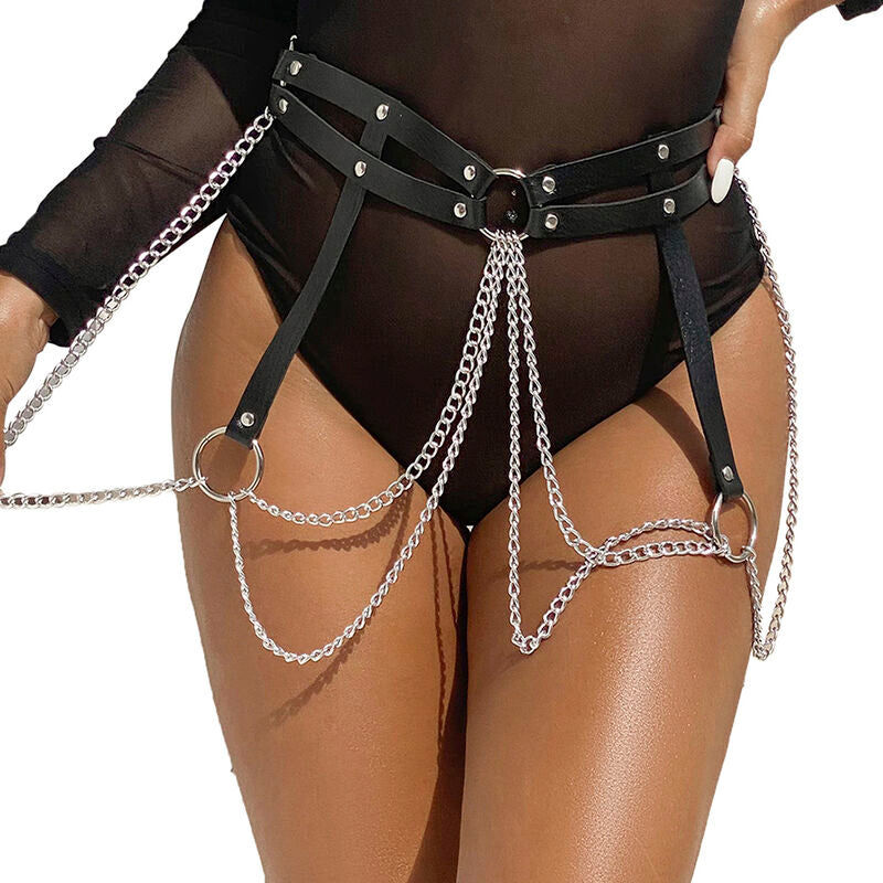 SUBBLIME - BLACK LEATHER CHAIN ​​BELT WITH RINGS ONE SIZE