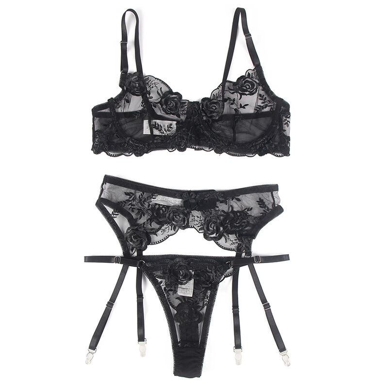 SUBBLIME - 3 PIECE SET BRA + THONG + GARTER BLACK FLORAL PRINT L/XL