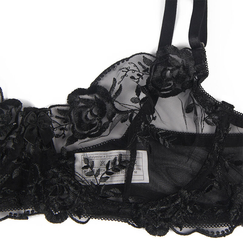 SUBBLIME - 3 PIECE SET BRA + THONG + GARTER BLACK FLORAL PRINT L/XL