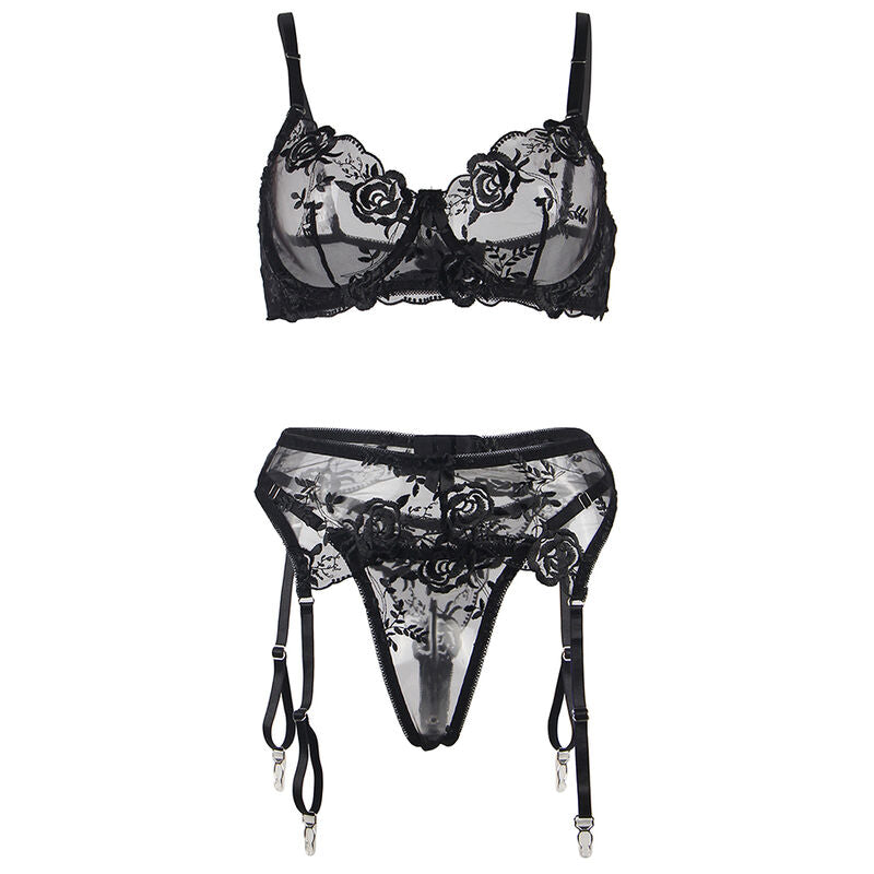 SUBBLIME - 3 PIECE SET BRA + THONG + GARTER BLACK FLORAL PRINT L/XL