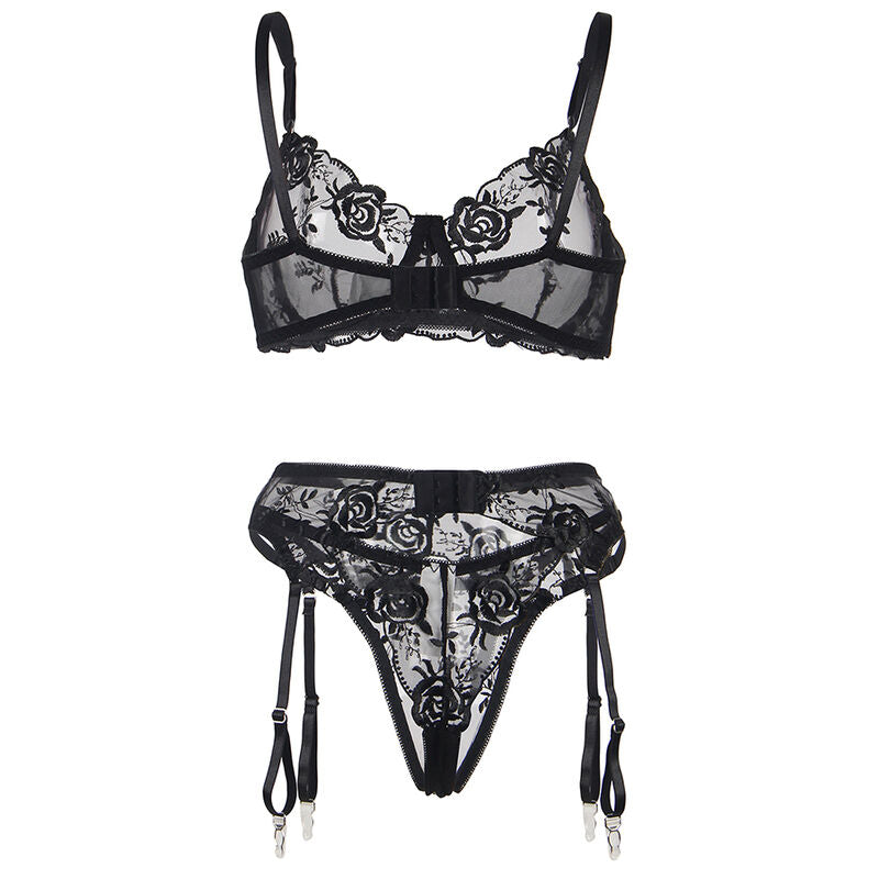 SUBBLIME - 3 PIECE SET BRA + THONG + GARTER BLACK FLORAL PRINT L/XL