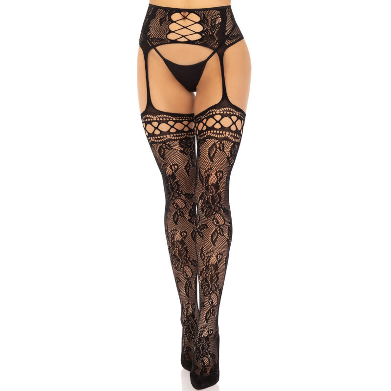 LEG AVENUE - BLACK FLORAL LACE GARTER STOCKINGS