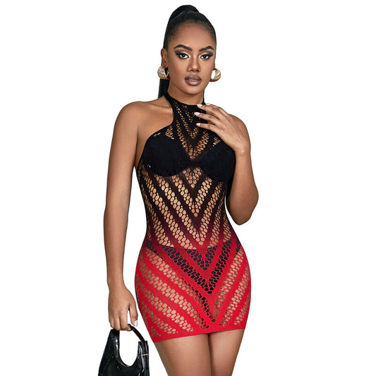 SUBBLIME - 952242 RED AND BLACK GRADIENT STRETCH FISHNET DRESS ONE SIZE