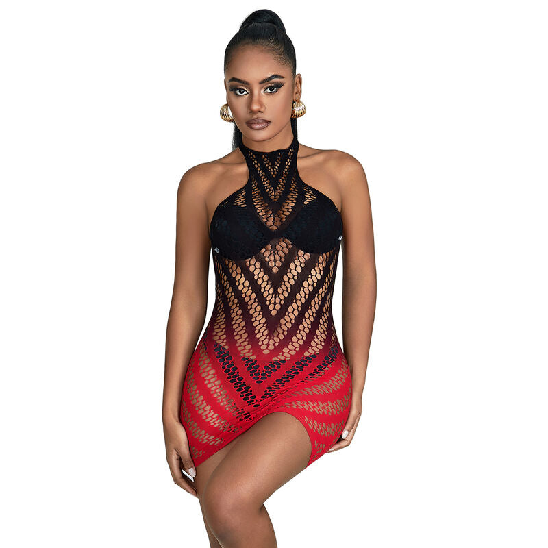 SUBBLIME - 952242 RED AND BLACK GRADIENT STRETCH FISHNET DRESS ONE SIZE