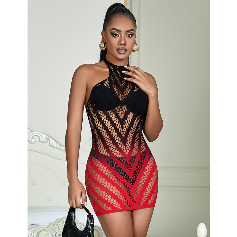 SUBBLIME - 952242 RED AND BLACK GRADIENT STRETCH FISHNET DRESS ONE SIZE