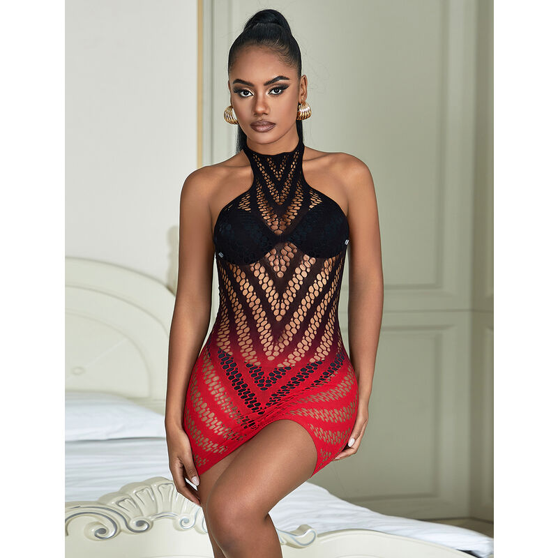 SUBBLIME - 952242 RED AND BLACK GRADIENT STRETCH FISHNET DRESS ONE SIZE