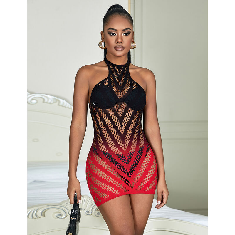 SUBBLIME - 952242 RED AND BLACK GRADIENT STRETCH FISHNET DRESS ONE SIZE