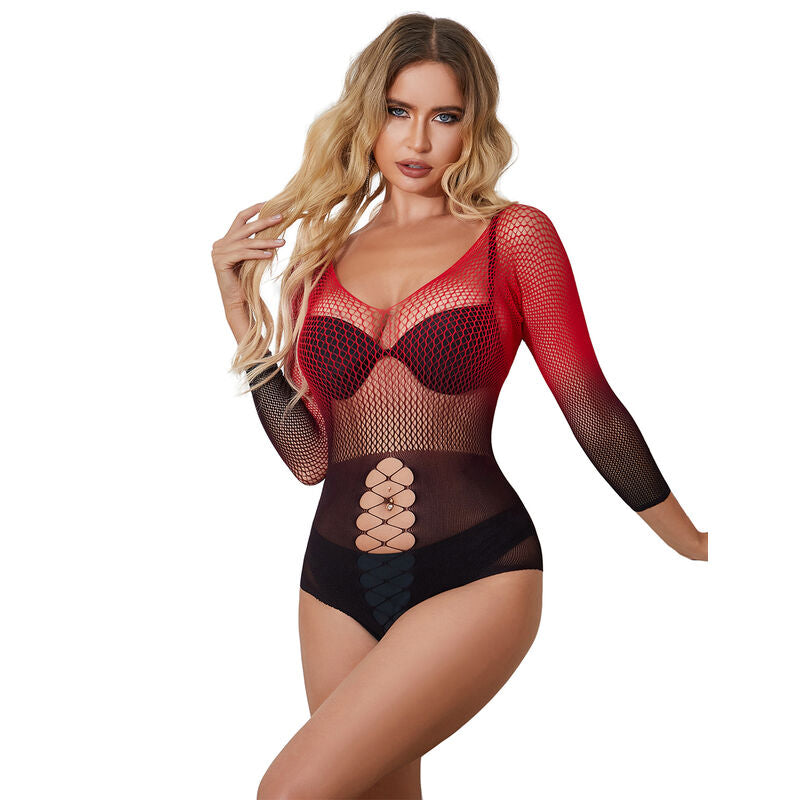 SUBBLIME - 952259 RED AND BLACK GRADIENT LONG SLEEVE ELASTIC FISHNET DRESS ONE SIZE