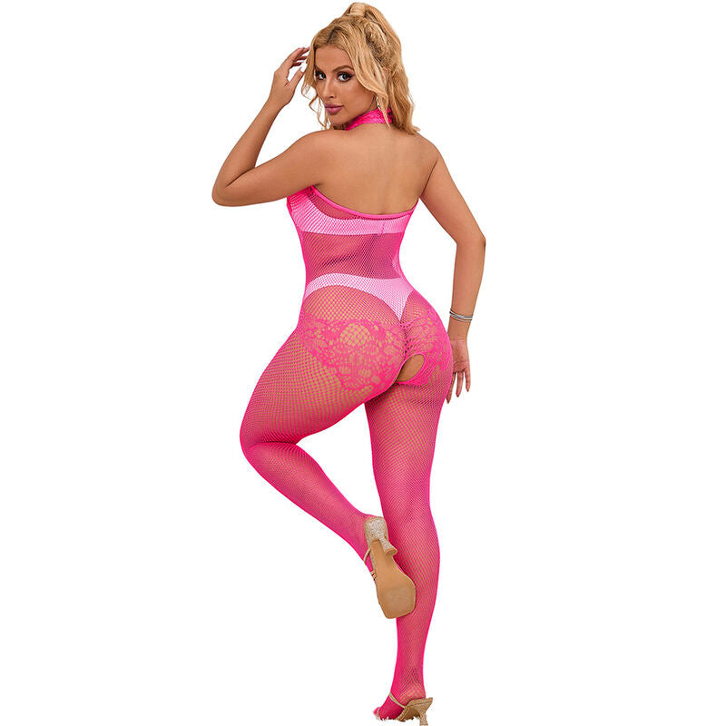 SUBBLIME - 952389 CROTCHLESS MESH AND LACE BODYSTOCKING WITH HIGH NECK PINK ONE SIZE