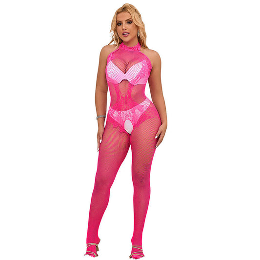 SUBBLIME - 952389 CROTCHLESS MESH AND LACE BODYSTOCKING WITH HIGH NECK PINK ONE SIZE