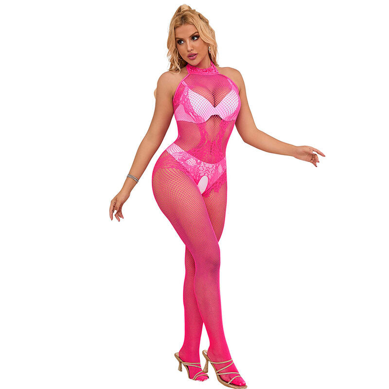 SUBBLIME - 952389 CROTCHLESS MESH AND LACE BODYSTOCKING WITH HIGH NECK PINK ONE SIZE