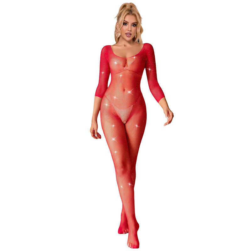 SUBBLIME - 952419 BODYSTOCKING VERMELHO MANGA LONGA DIAMANTE REDE ARRASTÃO TAMANHO ÚNICO