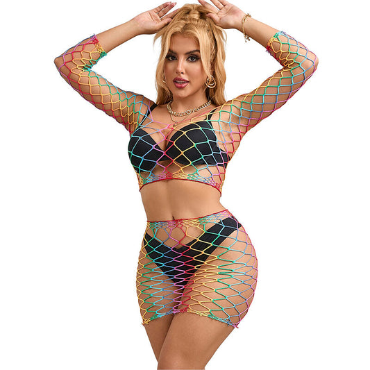 SUBBLIME - 952440 2 PIECE RAINBOW LONG SLEEVE FISHNET SET ONE SIZE