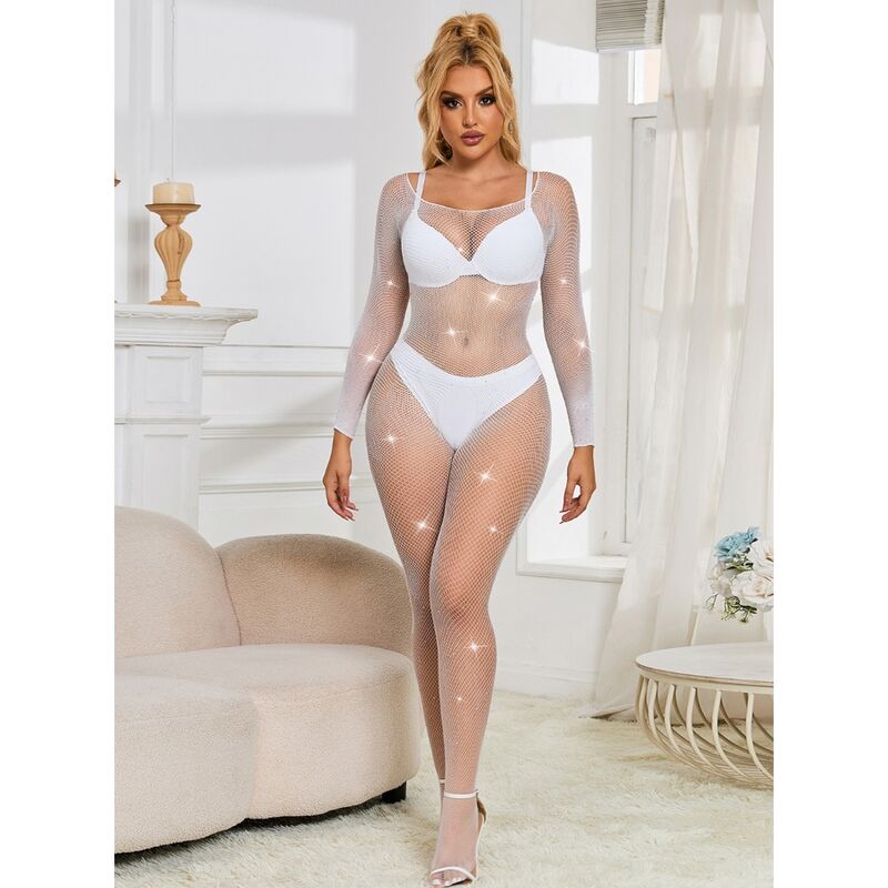 SUBBLIME - 952396 DIAMONDS LONG SLEEVE MESH BODYSTOCKING WHITE ONE SIZE