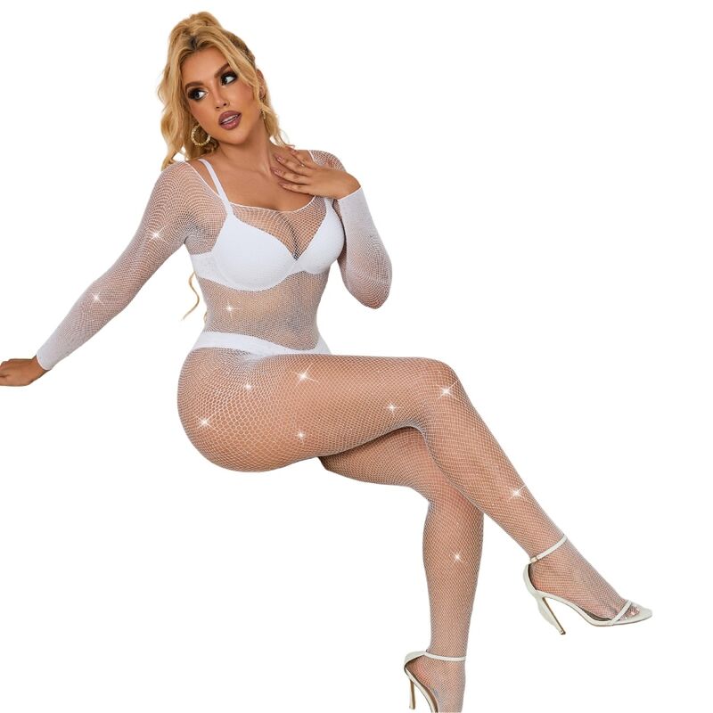 SUBBLIME - 952396 DIAMONDS LONG SLEEVE MESH BODYSTOCKING WHITE ONE SIZE