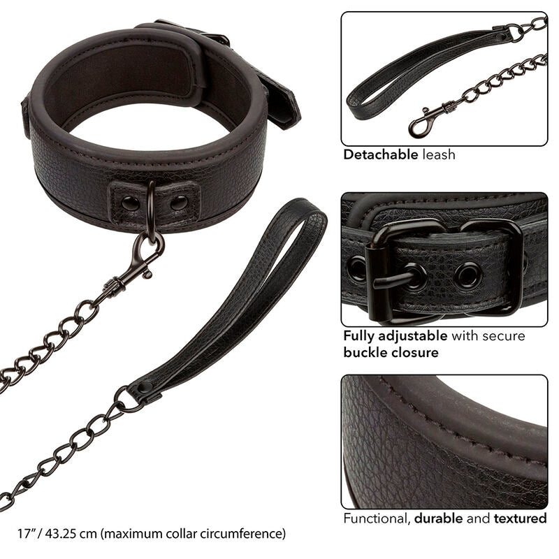 CALEXOTICS - NOCTURNAL BLACK ADJUSTABLE LEATHER COLLAR AND LEASH