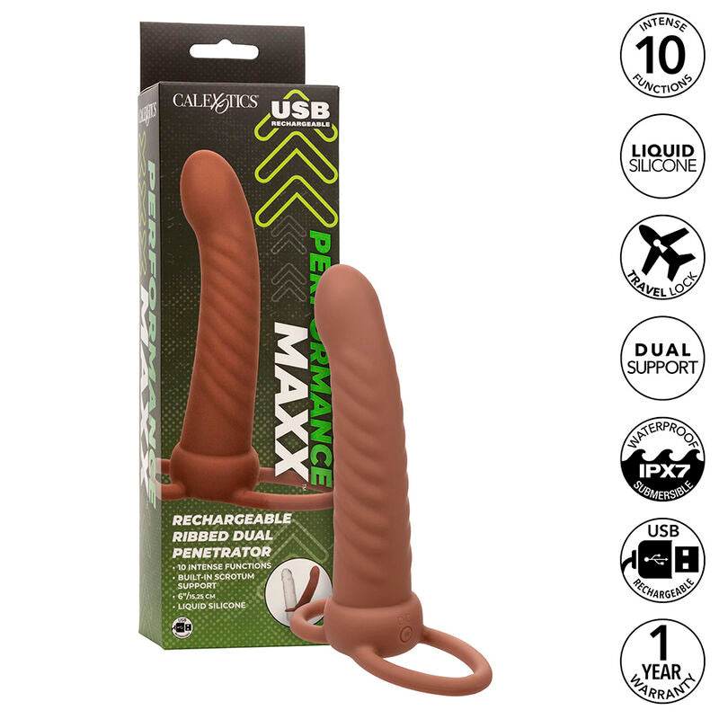 CALEXOTICS - MAXX DOUBLE RIBBED PENETRATOR 10 VIBRATIONS MULATO