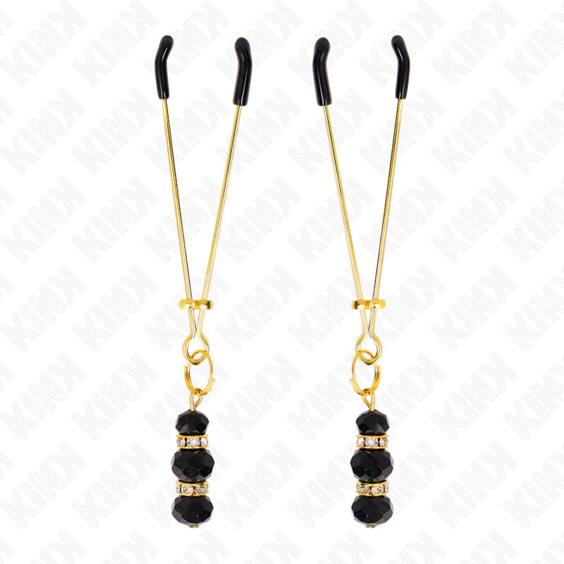 KINK - GRAMPOS DE MAMILOS DE OURO FINO COM TRIPLA BOLA DE VIDRO PRETA 7 CM