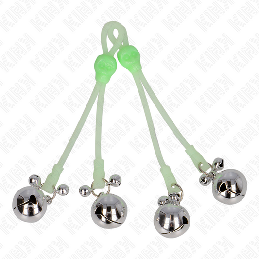 KINK - GREEN/SILVER LIGHT UP SKULL NIPPLE CLAMPS WITH ADJUSTABLE BELL