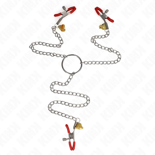 KINK - RED NIPPLE AND CLITORIS CLAMPS WITH GOLDEN BELL AND CHAIN ​​30 CM