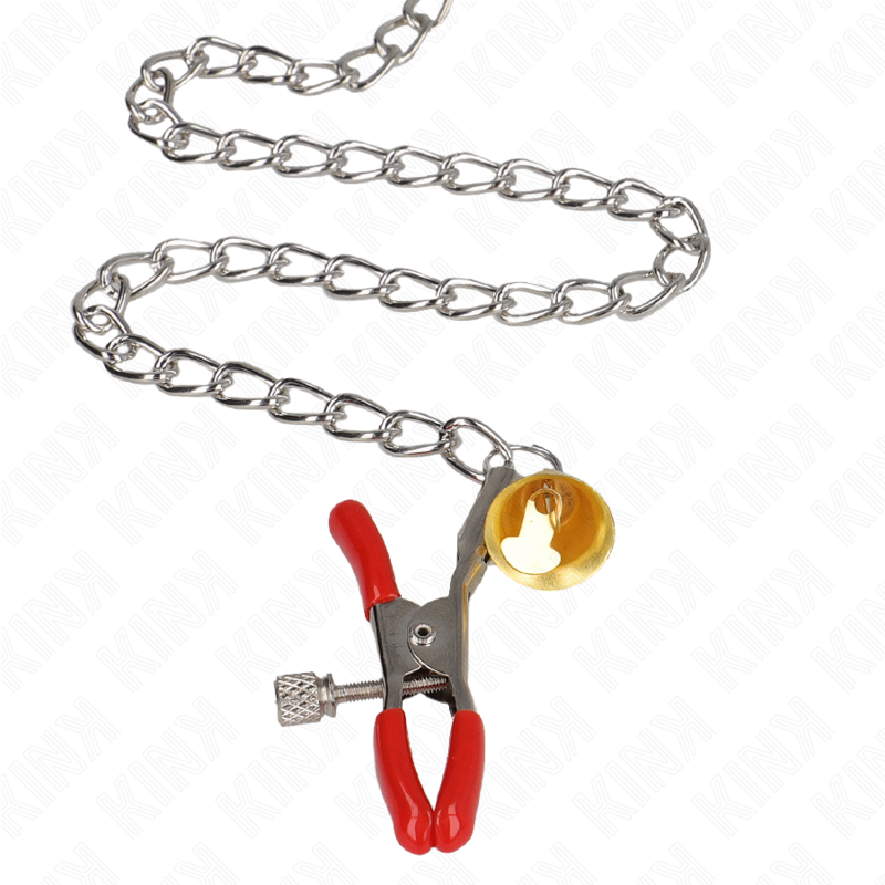 KINK - RED NIPPLE AND CLITORIS CLAMPS WITH GOLDEN BELL AND CHAIN ​​30 CM