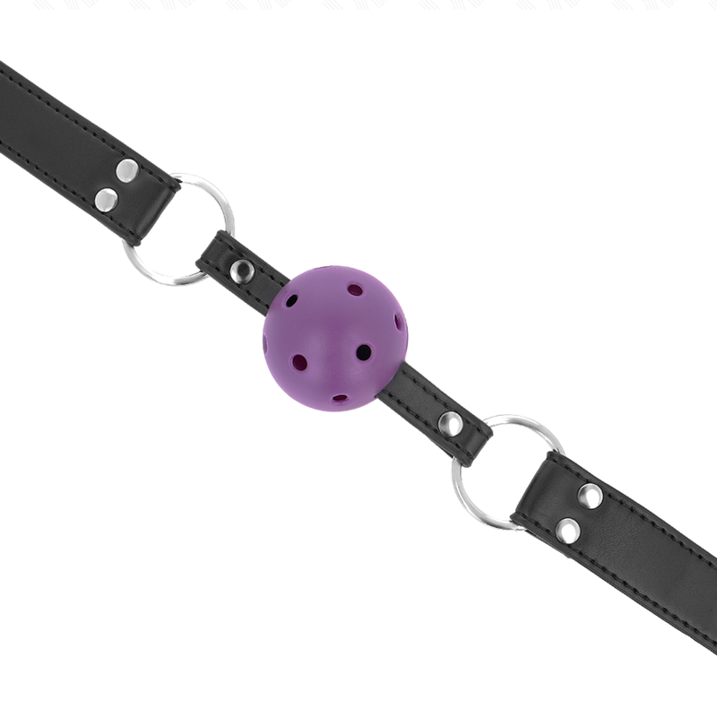 KINK - MORDAÇA DE BOLA RESPIRÁVEL DE 4CM COM REBITE DUPLO ROXO 62 x 2,5 CM AJUSTÁVEL 42-58 CM