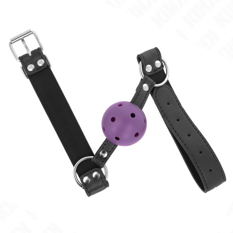 KINK - MORDAÇA DE BOLA RESPIRÁVEL DE 4CM COM REBITE DUPLO ROXO 62 x 2,5 CM AJUSTÁVEL 42-58 CM