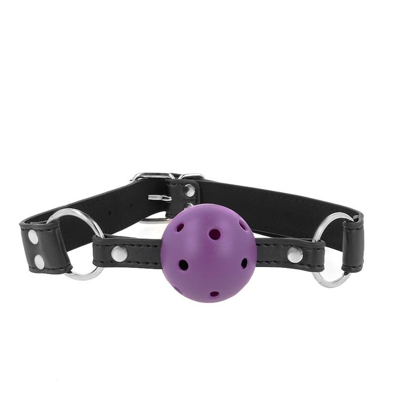 KINK - MORDAÇA DE BOLA RESPIRÁVEL DE 4CM COM REBITE DUPLO ROXO 62 x 2,5 CM AJUSTÁVEL 42-58 CM