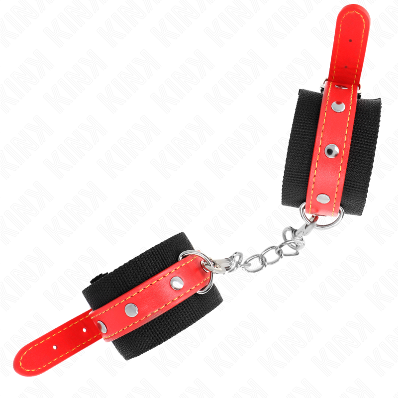 KINK - PULSEIRAS DE NYLON PRETO COM TIRA DE COURO VERMELHO AJUSTÁVEL 19-24 CM X 5,5 CM