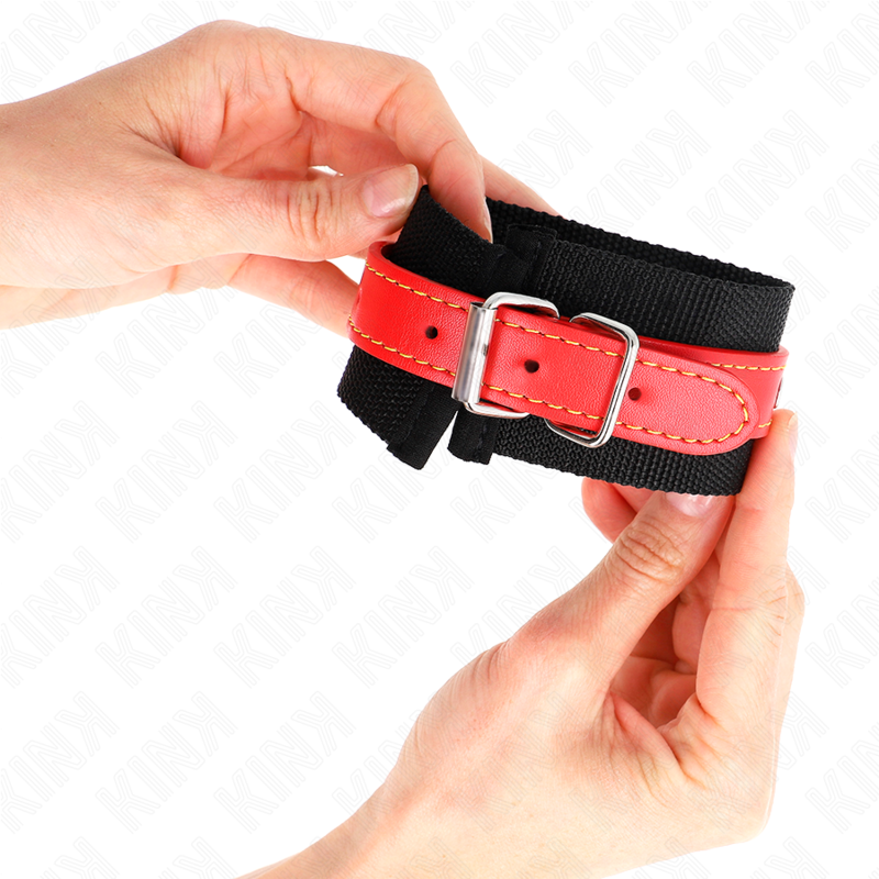 KINK - PULSEIRAS DE NYLON PRETO COM TIRA DE COURO VERMELHO AJUSTÁVEL 19-24 CM X 5,5 CM