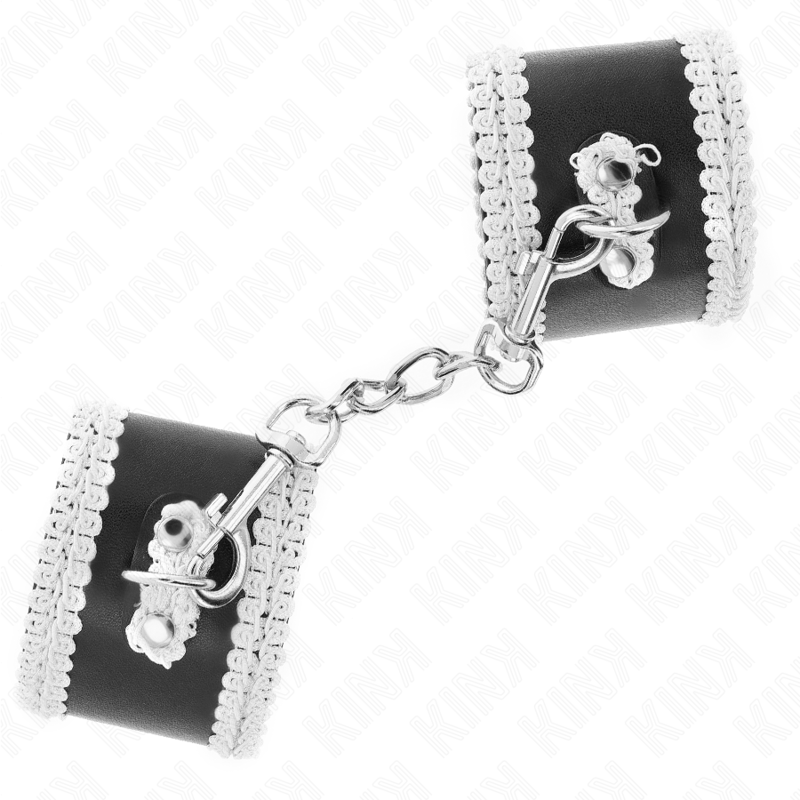 KINK - PULSEIRAS PRETAS COM RENDA DECORATIVA BRANCA AJUSTÁVEL 20-23 CM X 5,5 CM