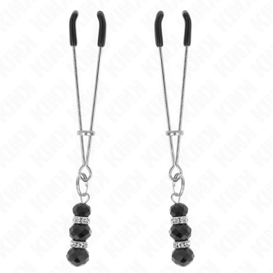 KINK - THIN SILVER NIPPLE CLAMPS WITH TRIPLE BLACK GLASS BALL 7 CM