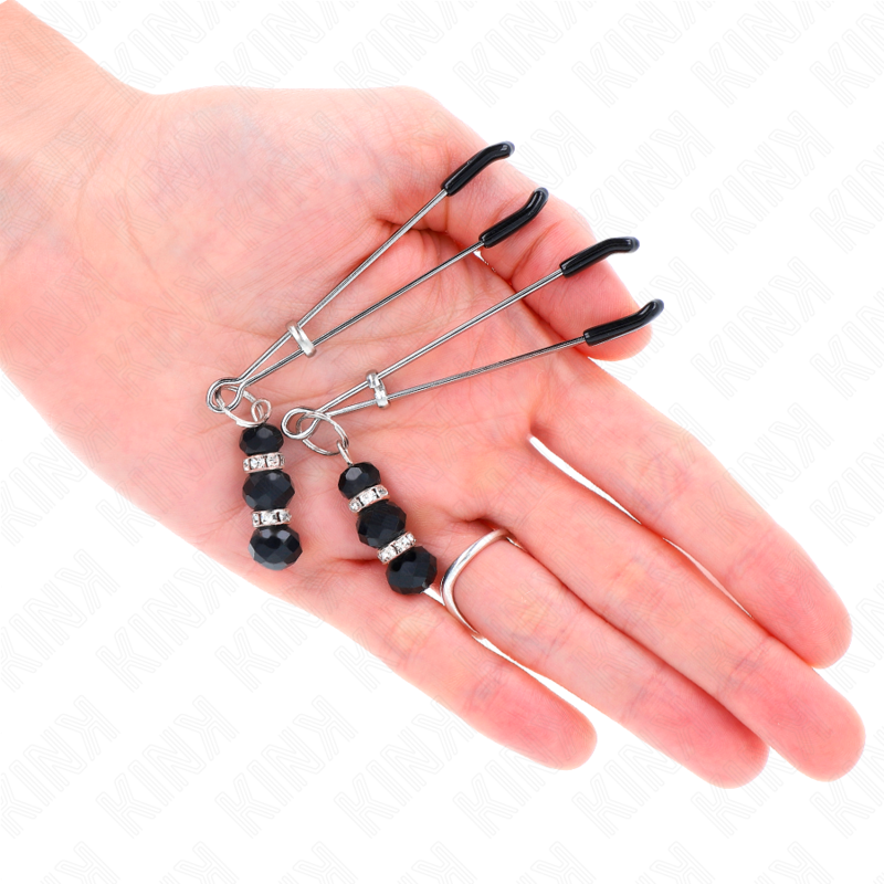 KINK - THIN SILVER NIPPLE CLAMPS WITH TRIPLE BLACK GLASS BALL 7 CM