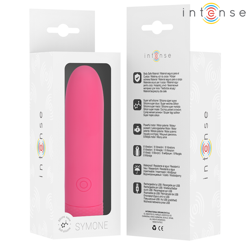 INTENSO - SYMONE USB RECARREGÁVEL VIBRATÓRIA BULLET 8 VIBRAÇÕES ROSA 10 X 2,2 CM