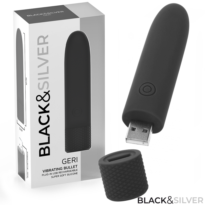 BLACK &amp; SILVER - GERI USB RECHARGEABLE VIBRATING BULLET 8 VIBRATIONS BLACK 10 X 2.2 CM